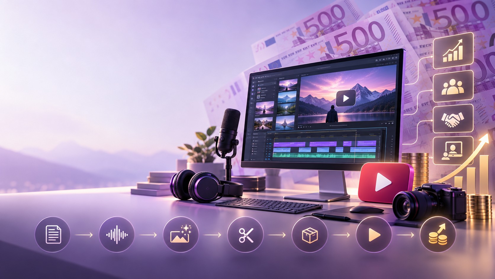 Une chronologie de montage vidéo sur ordinateur portable découpant une vidéo générée par IA à côté d'un graphique de revenus YouTube, des étiquettes de revenus publicitaires, d'affiliation, de partenariat et de travail client, et des billets de banque suisses.